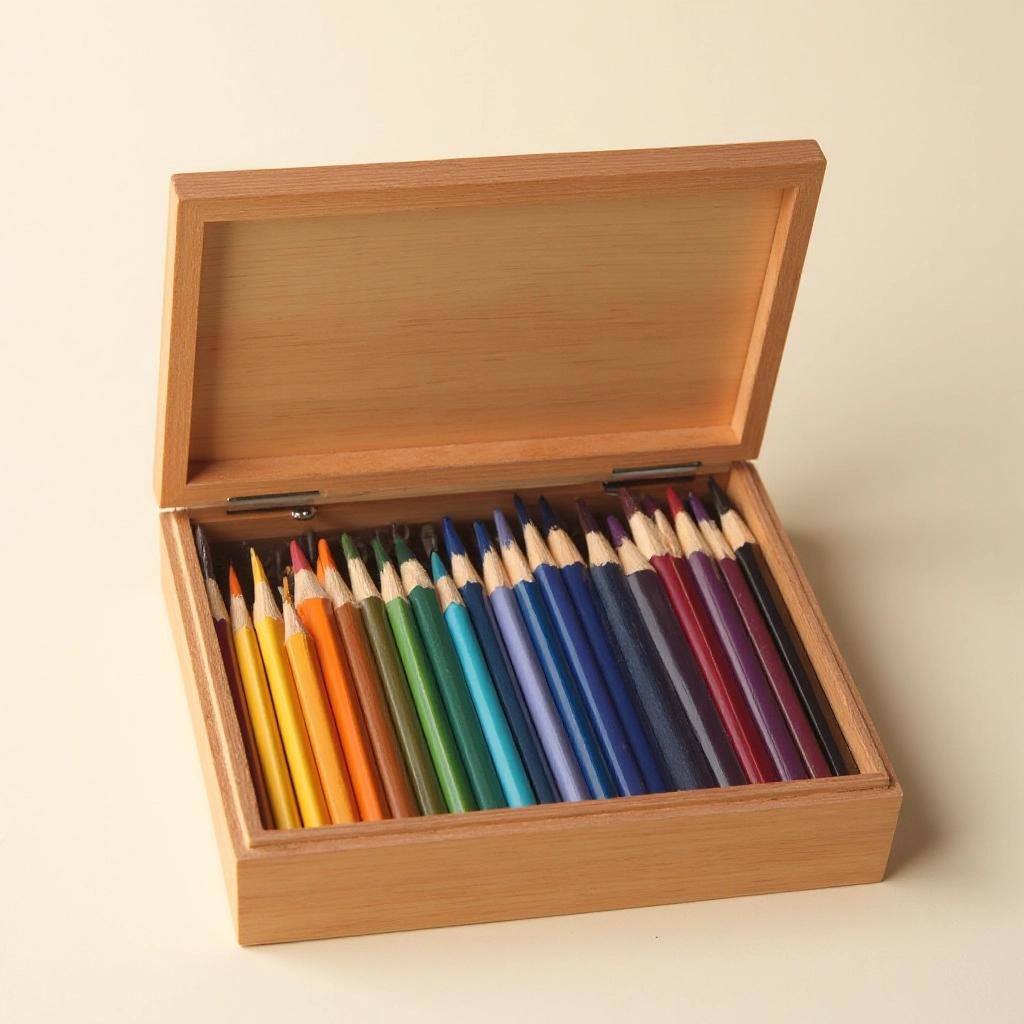 Faber-Castell Polychromos 24-color set in wooden box, all pencil tips visible showing full color range, professional product photography