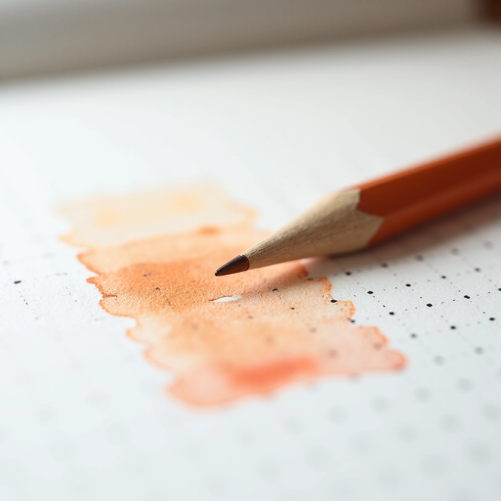 Close-up of dot grid pattern on cream-colored sketchbook page with pencil and watercolor swatches showing paper texture