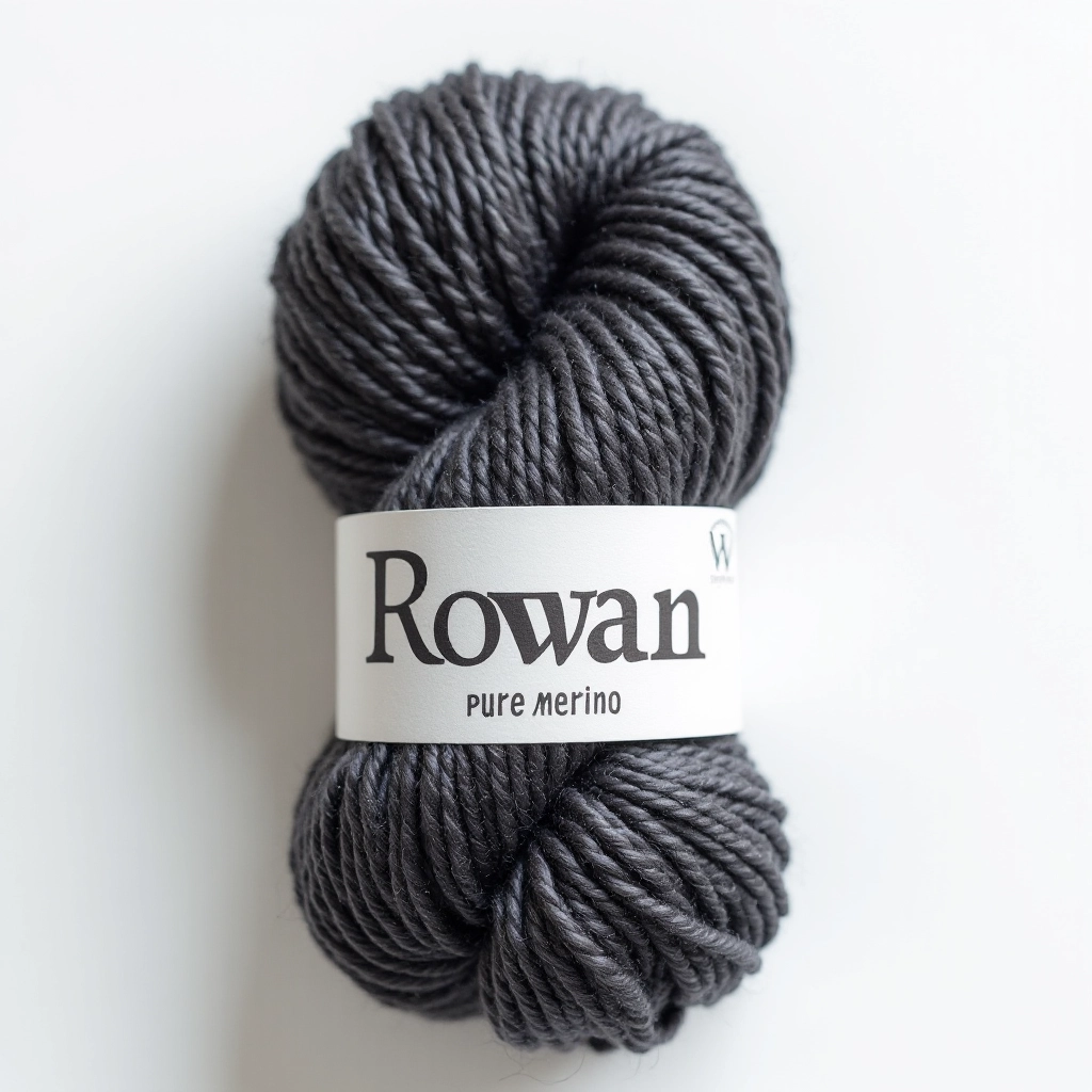Rowan Pure Merino yarn skein in charcoal grey, wound in typical skein formation with label visible, natural lighting
